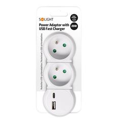 Solight rozbočovač s USB A+C rychlonabíjačkou 20W PD, 2 x 10A, biely