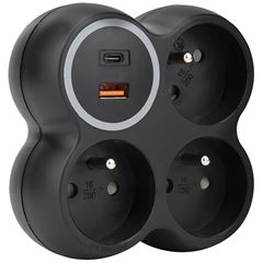 Solight rozbočovač, 3x 15A, USB A+C rychlonabíjačka 20W PD, matná čierna