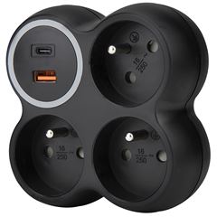 Solight rozbočovač, 3x 15A, USB A+C rychlonabíjačka 20W PD, matná čierna