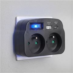 Solight rozbočovač 2 x 16A, USB A+C rychlonabíjačka 20W PD, čierny, vypínač