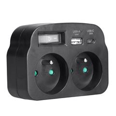 Solight rozbočovač 2 x 16A, USB A+C rychlonabíjačka 20W PD, čierny, vypínač