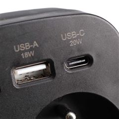 Solight rozbočovač 2 x 16A, USB A+C rychlonabíjačka 20W PD, čierny, vypínač
