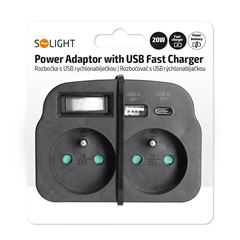 Solight rozbočovač 2 x 16A, USB A+C rychlonabíjačka 20W PD, čierny, vypínač