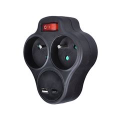 Solight rozbočovač s USB A+C rychlonabíjačkou 20W PD, 2 x 10A, čierny, vypínač