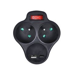 Solight rozbočovač s USB A+C rychlonabíjačkou 20W PD, 2 x 10A, čierny, vypínač