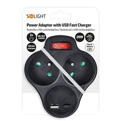 Solight rozbočovač s USB A+C rychlonabíjačkou 20W PD, 2 x 10A, čierny, vypínač