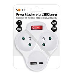 Solight rozbočovač s USB A+C nabíjačkou, 2 x 10A, biely, vypínač