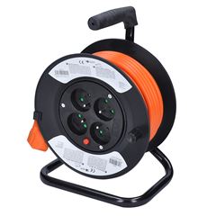 Solight predlžovací prívod na bubne, 4 zásuvky, 15m, oranžový kábel, 3x 1,5mm2