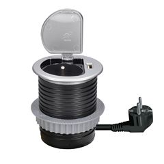 Solight USB vstavaná zásuvka s viečkom, 1 zásuvka, plast, dĺžka 1,5m, 3x 1mm2, USB 2100mA, strieborná