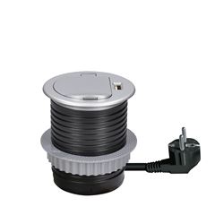 Solight USB vstavaná zásuvka s viečkom, 1 zásuvka, plast, dĺžka 1,5m, 3x 1mm2, USB 2100mA, strieborná