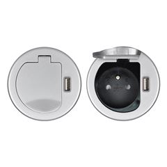 Solight USB vstavaná zásuvka s viečkom, 1 zásuvka, plast, dĺžka 1,5m, 3x 1mm2, USB 2100mA, strieborná