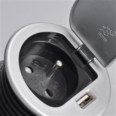 Solight USB vstavaná zásuvka s viečkom, 1 zásuvka, plast, dĺžka 1,5m, 3x 1mm2, USB 2100mA, strieborná