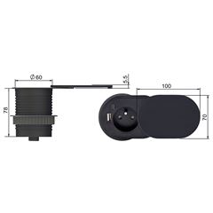 Solight 1z + USB A+C 20W PD vstavaná zásuvka s posuvným viečkom, 2m, matná čierna