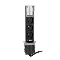 Solight USB výsuvný blok zásuviek, 3 zásuvky, plast, dĺžka 1,5m, 3 x 1mm2, strieborný