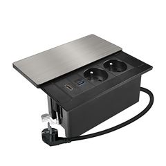 Solight vestavný blok zásuviek s posuvným krytom, 2 zásuvky, HDMI, USB A+C 20W PD, 2m, strieborný