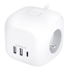 Solight 3z + USB A+C predlžovací prívod - kocka, 2m, 3 x 1mm2, biely, vypínač