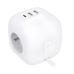 Solight 3z + USB A+C predlžovací prívod - kocka, 2m, 3 x 1mm2, biely, vypínač