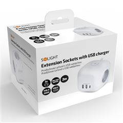 Solight 3z + USB A+C predlžovací prívod - kocka, 2m, 3 x 1mm2, biely, vypínač