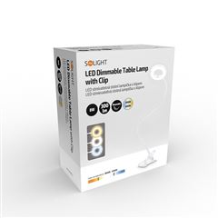 Solight LED stmievateľná stolná lampička s klipom biela, 300lm, nastaviteľná teplota svetla, USB