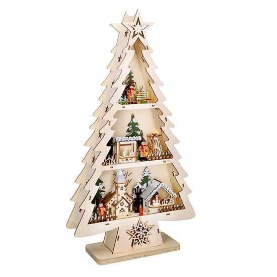 Solight LED drevený vianočný stromek s dekoráciami, 13x LED, prírodné drevo, 53cm, 2x AA