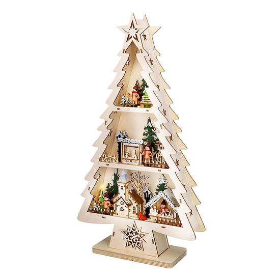 Solight LED drevený vianočný stromek s dekoráciami, 13x LED, prírodné drevo, 53cm, 2x AA