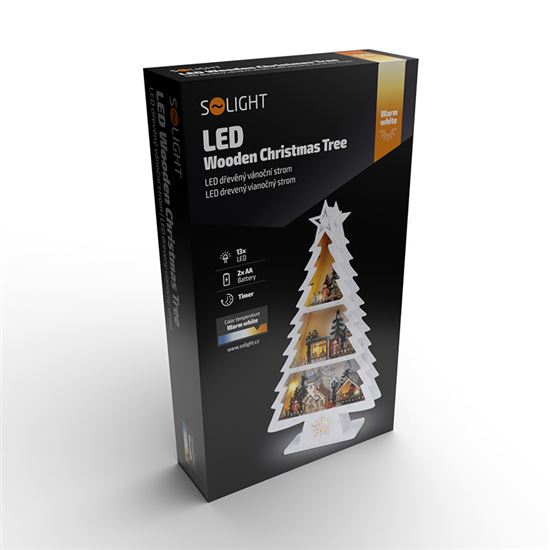 Solight LED drevený vianočný stromek s dekoráciami, 13x LED, prírodné drevo, 53cm, 2x AA