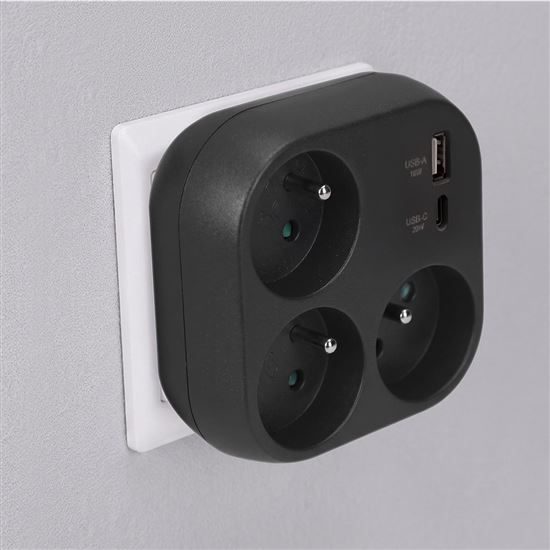Solight rozbočovač 3x 16A, USB A+C rychlonabíjačka 20W PD, čierny