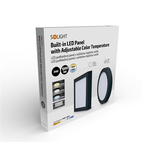 Solight LED mini panel CCT, prisazený, 24W, 1800lm, 3000K, 4000K, 6000K, okrúhly, čierna farba