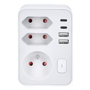 Solight rozbočovač, 1x 16A + 2x 2,5A, 2xUSB A+C, biely, vypínač