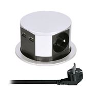 Solight výsuvný blok zásuviek, 3 zásuvky, 2x USB, kruhový tvar nízky, predlžovací prívod 2m, 3 x 1mm2, strieborný
