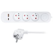 Solight predlžovací prívod 3 zásuvky, USB A+C 20W PD, 2m, 3 x 1mm2, biely, vypínač