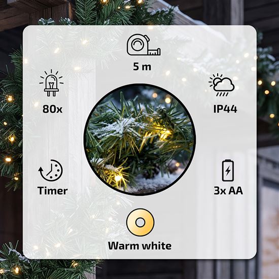 Solight LED vianočná girlanda s ihličím, 5m, 80x LED, časovač, 3xAA, IP44