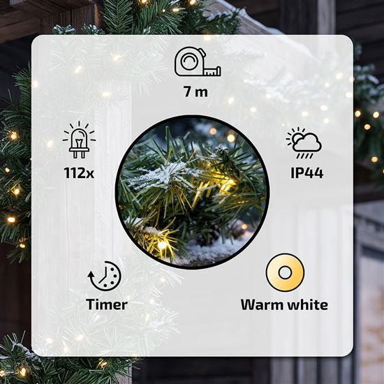 Solight LED vianočná girlanda s ihličím, 7m, 112x LED, časovač, 230V, IP44