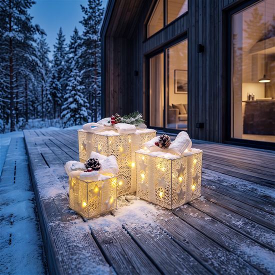 Solight sada 3 LED vianočných darčekov, 48x LED, IP44, 230V, biele prevedenie