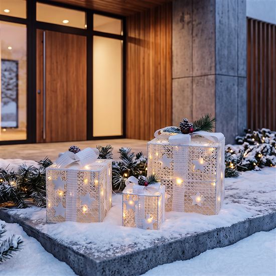 Solight sada 3 LED vianočných darčekov, 48x LED, IP44, 230V, biele prevedenie