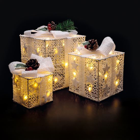Solight sada 3 LED vianočných darčekov, 48x LED, IP44, 230V, biele prevedenie
