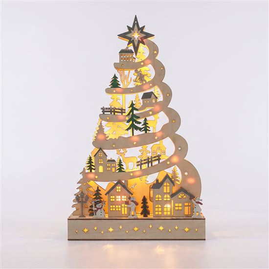 Solight LED drevený vianočný stromček s dekoráciami, 17x LED, biela, 45cm, 2x AA