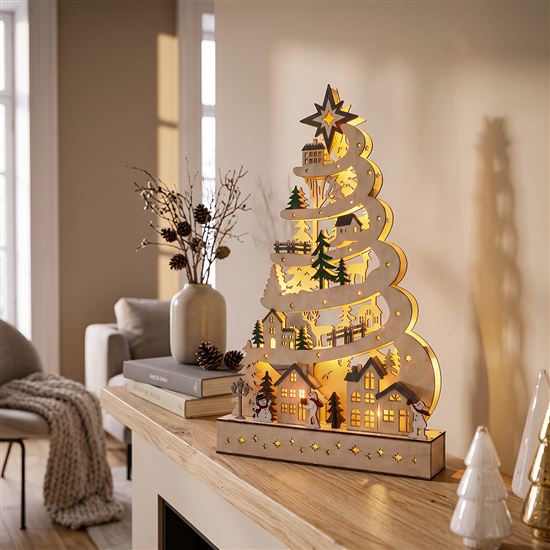 Solight LED drevený vianočný stromček s dekoráciami, 17x LED, biela, 45cm, 2x AA