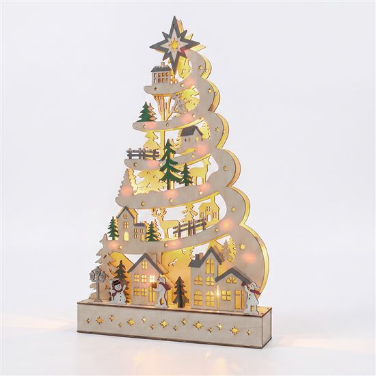 Solight LED drevený vianočný stromček s dekoráciami, 17x LED, biela, 45cm, 2x AA