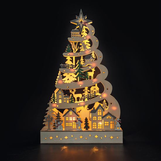 Solight LED drevený vianočný stromček s dekoráciami, 17x LED, biela, 45cm, 2x AA