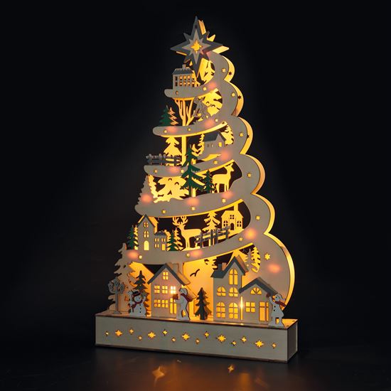 Solight LED drevený vianočný stromček s dekoráciami, 17x LED, biela, 45cm, 2x AA