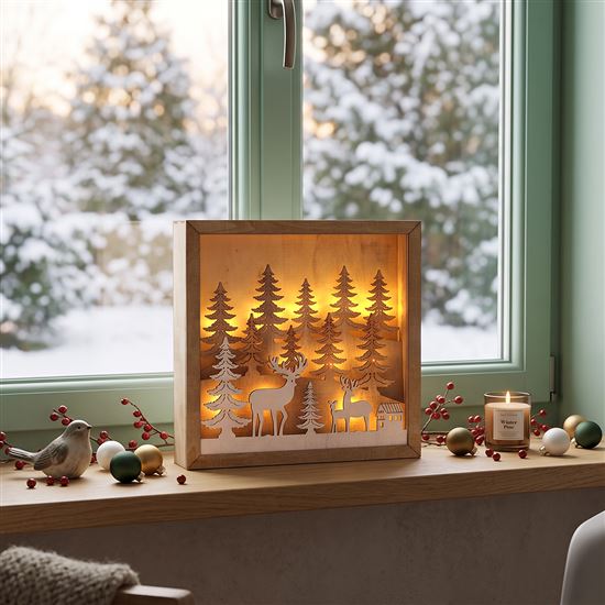 Solight LED 3D drevená vianočná dekorácia v ráme, 12x LED, 25cm, 2x AA