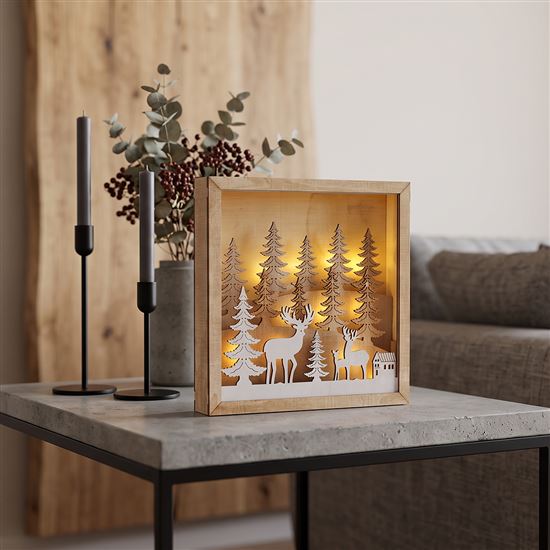 Solight LED 3D drevená vianočná dekorácia v ráme, 12x LED, 25cm, 2x AA