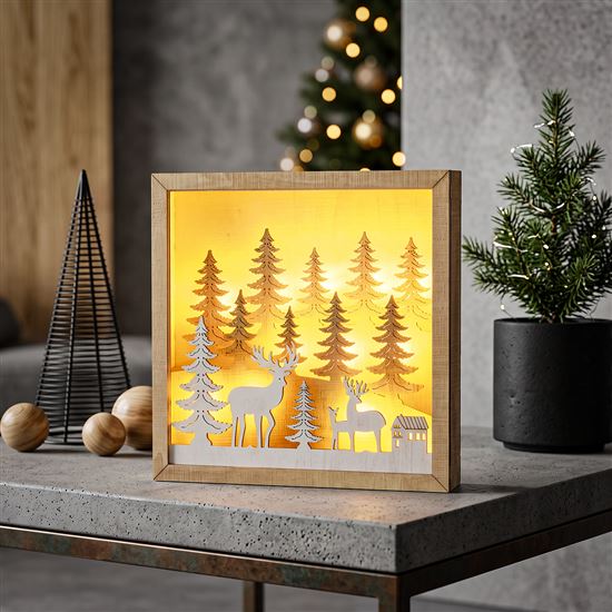 Solight LED 3D drevená vianočná dekorácia v ráme, 12x LED, 25cm, 2x AA