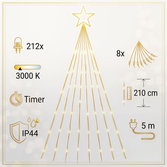 Solight LED reťaz s hviezdou na vianočný strom, výška 2,1m, 212 LED, IP44