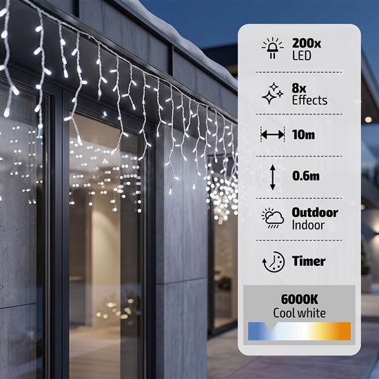 Solight LED vianočná girlanda, cencúle, 200 LED, 10m, IP44, studené biele svetlo