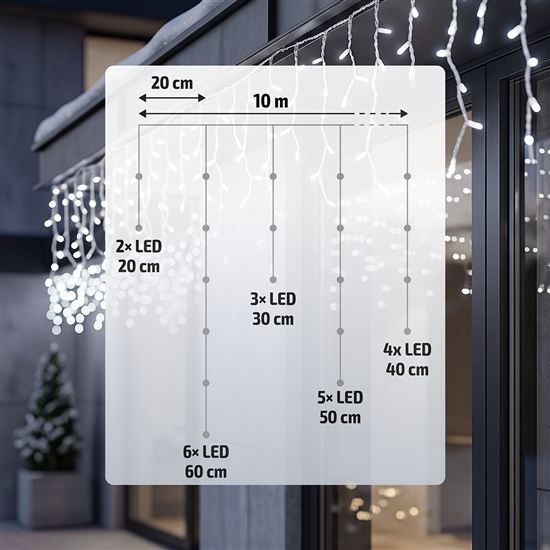 Solight LED vianočná girlanda, cencúle, 200 LED, 10m, IP44, studené biele svetlo