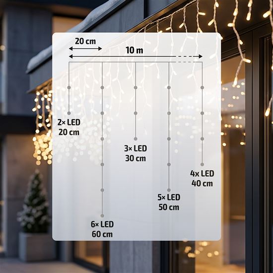Solight LED vianočná girlanda, cencúle, 200 LED, 10m, IP44, teplé biele svetlo
