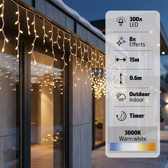 Solight LED vianočná girlanda, cencúle, 300 LED, 15m, IP44, teplé biele svetlo