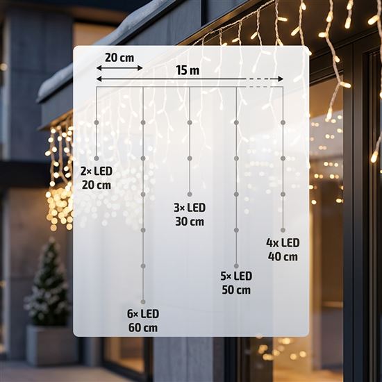 Solight LED vianočná girlanda, cencúle, 300 LED, 15m, IP44, teplé biele svetlo